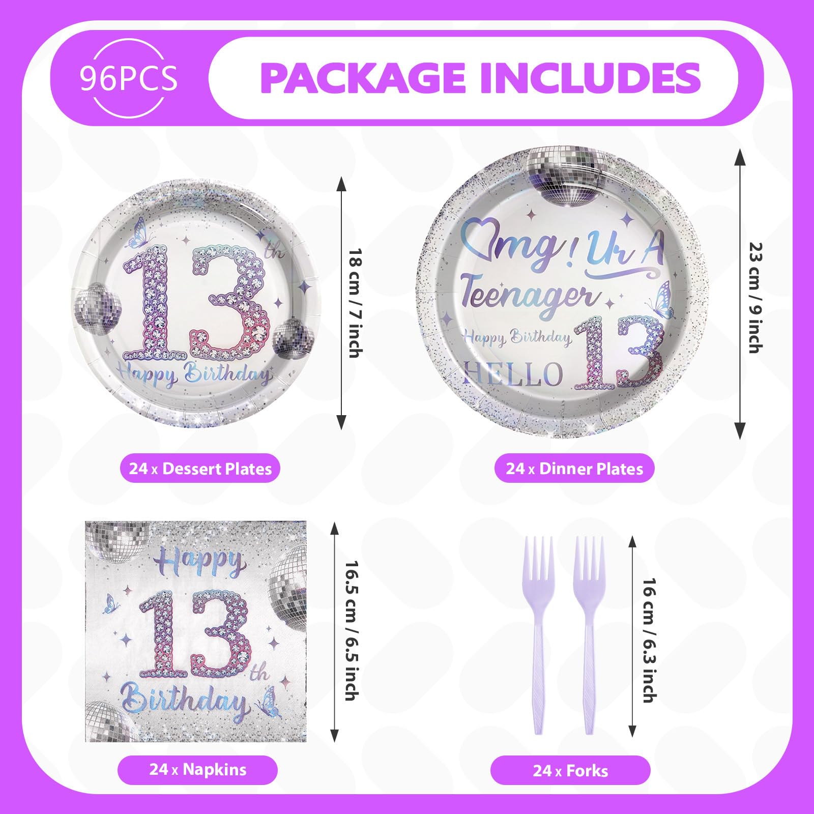 96 Pcs Disco 13th Birthday Party Plates and Napkins - Grencian