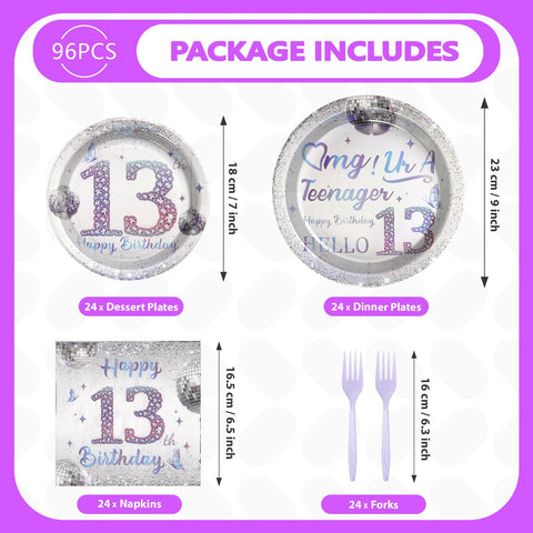 96 Pcs Disco 13th Birthday Party Plates and Napkins - Grencian