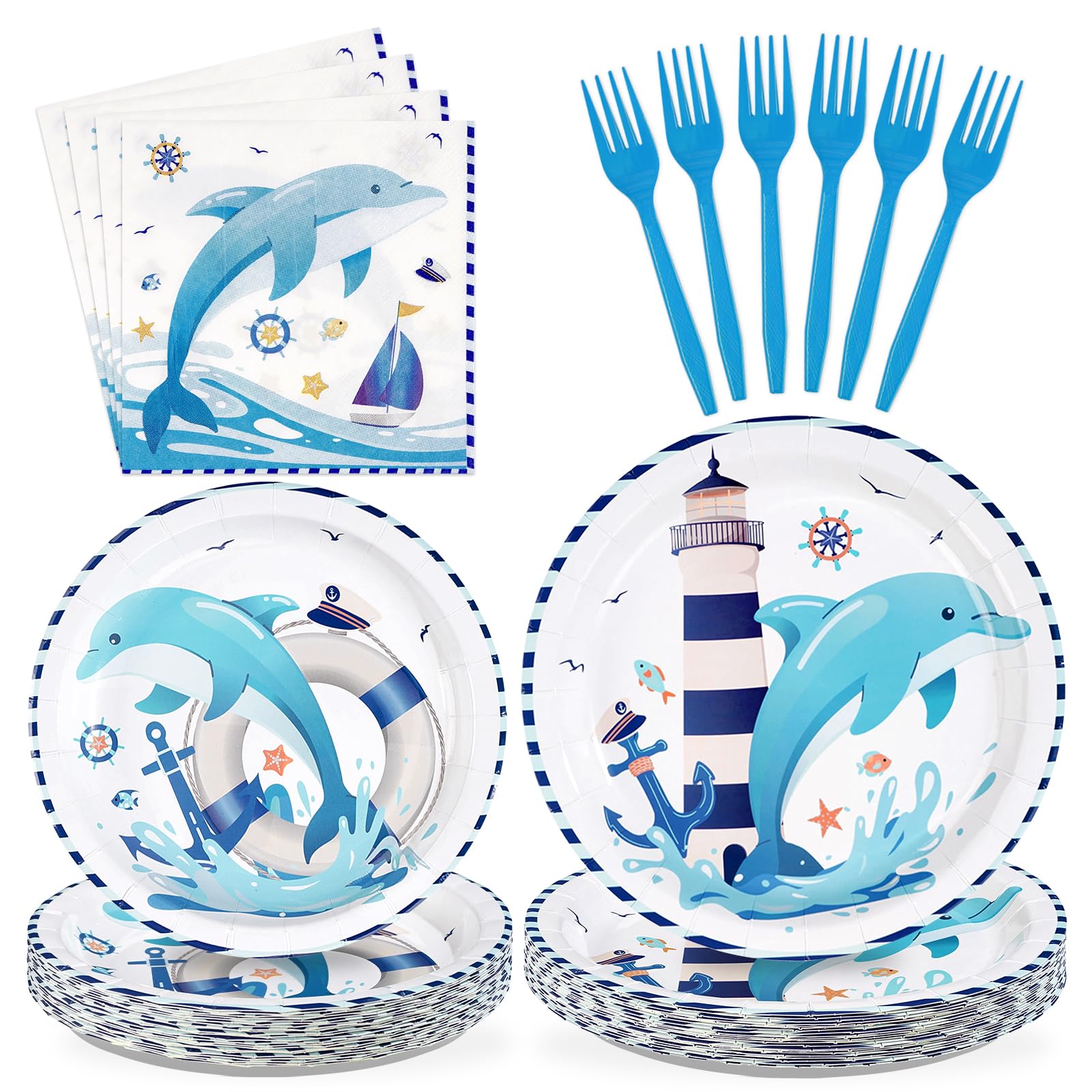 96 Pcs Dolphin Party Plates and Napkins - Grencian