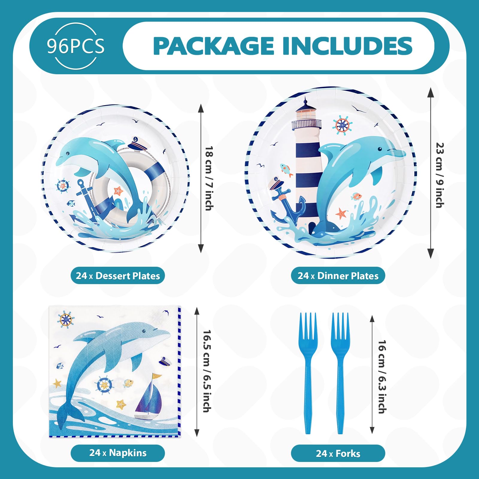 96 Pcs Dolphin Party Plates and Napkins - Grencian