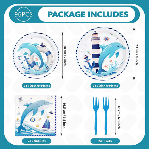 96 Pcs Dolphin Party Plates and Napkins - Grencian