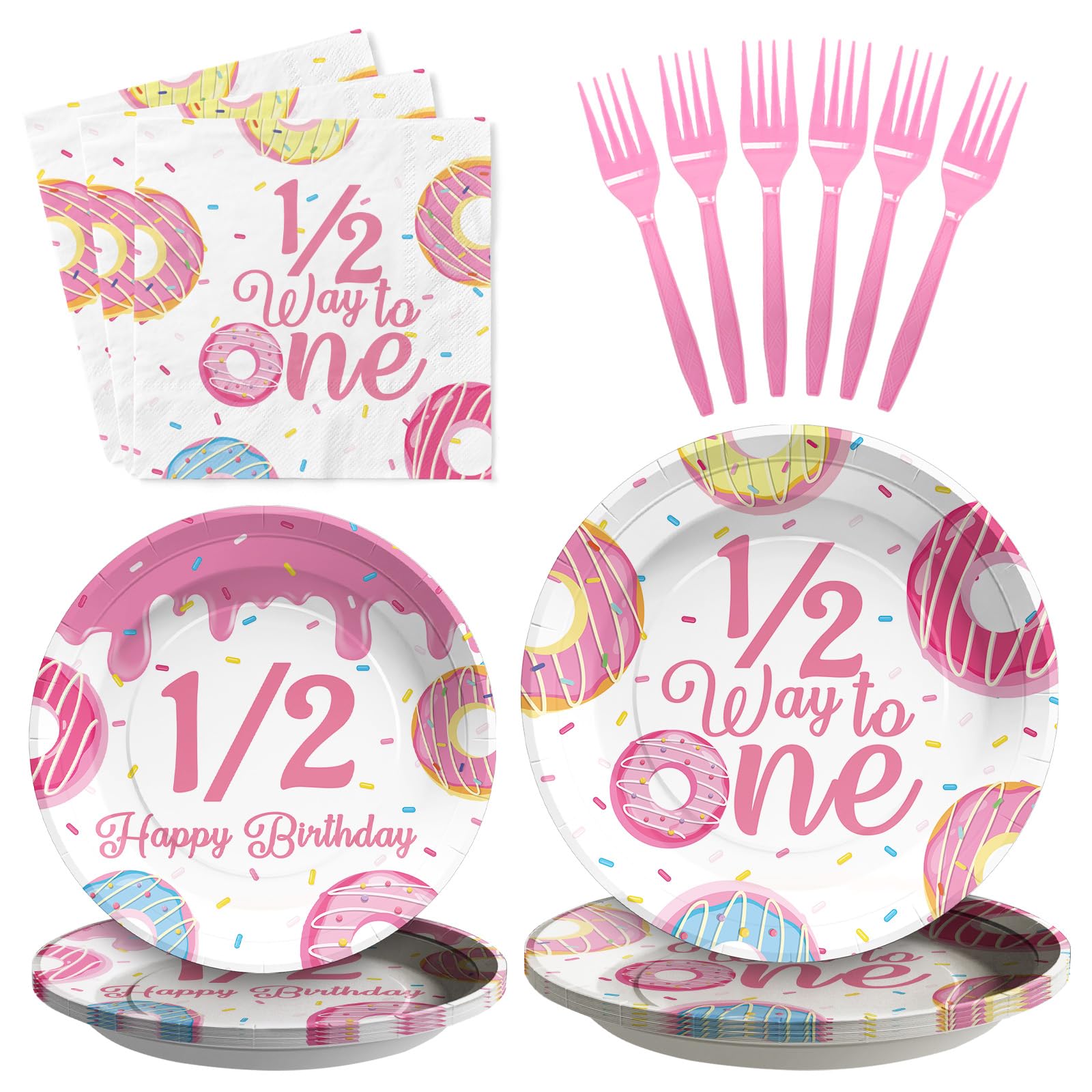 96 Pcs Donut 1/2 Birthday Party Plates and Napkins - Grencian
