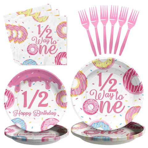 96 Pcs Donut 1/2 Birthday Party Plates and Napkins - Grencian