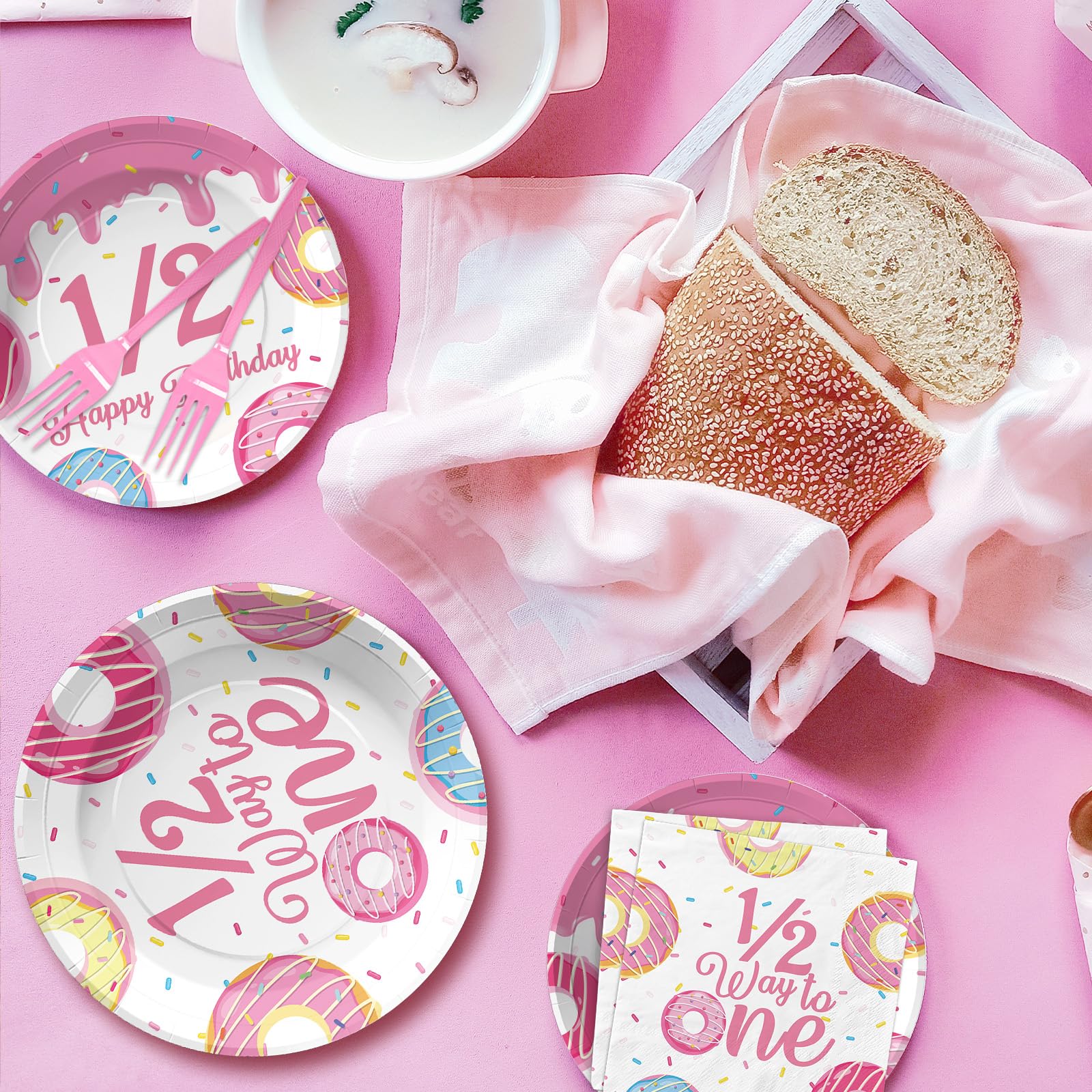 96 Pcs Donut 1/2 Birthday Party Plates and Napkins - Grencian