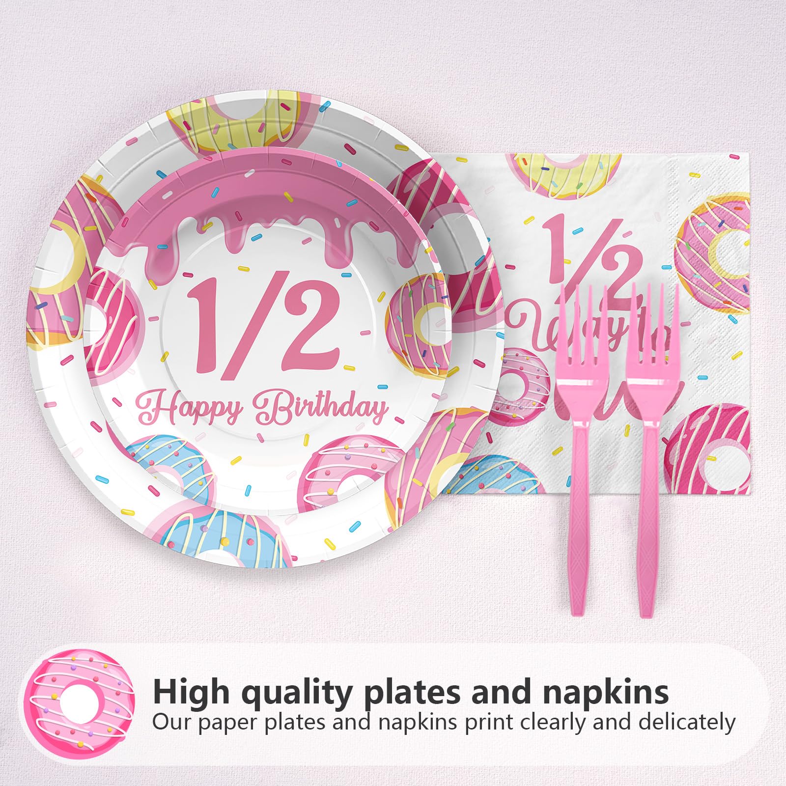 96 Pcs Donut 1/2 Birthday Party Plates and Napkins - Grencian