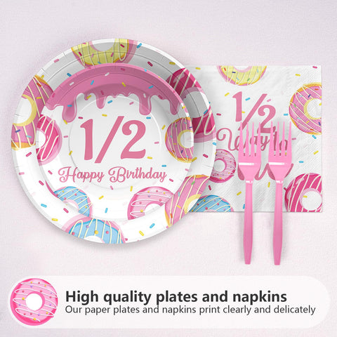 96 Pcs Donut 1/2 Birthday Party Plates and Napkins - Grencian