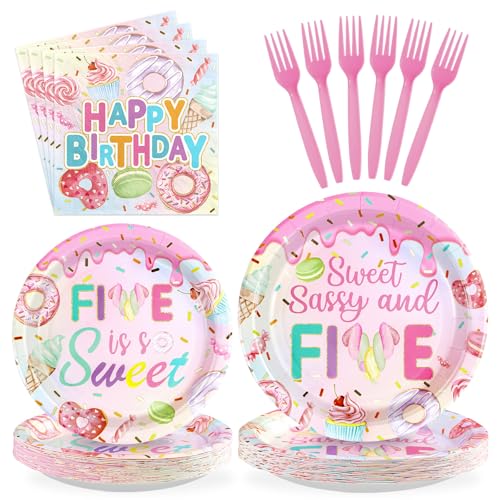96 Pcs Donut 5th Birthday Party Plates and Napkins - Grencian