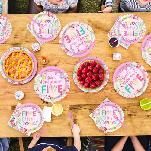 96 Pcs Donut 5th Birthday Party Plates and Napkins - Grencian