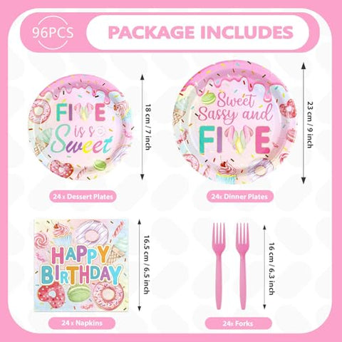 96 Pcs Donut 5th Birthday Party Plates and Napkins - Grencian