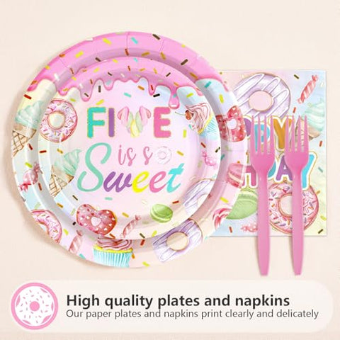 96 Pcs Donut 5th Birthday Party Plates and Napkins - Grencian