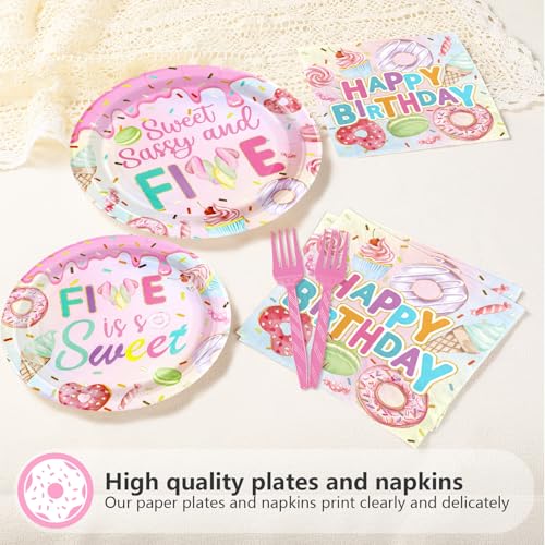 96 Pcs Donut 5th Birthday Party Plates and Napkins - Grencian