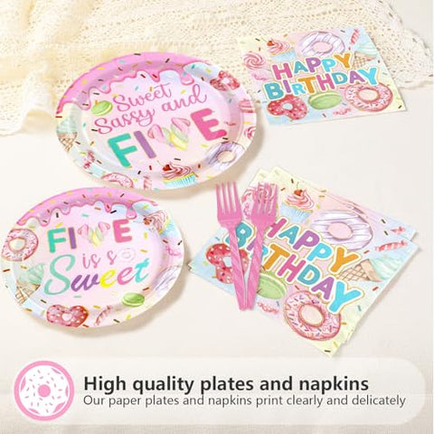 96 Pcs Donut 5th Birthday Party Plates and Napkins - Grencian