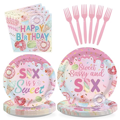 96 Pcs Donut 6th Birthday Party Plates and Napkins - Grencian