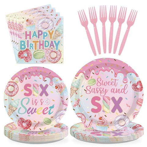 96 Pcs Donut 6th Birthday Party Plates and Napkins - Grencian