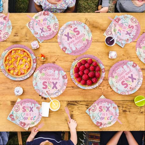 96 Pcs Donut 6th Birthday Party Plates and Napkins - Grencian