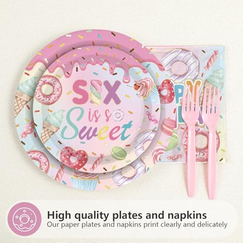 96 Pcs Donut 6th Birthday Party Plates and Napkins - Grencian