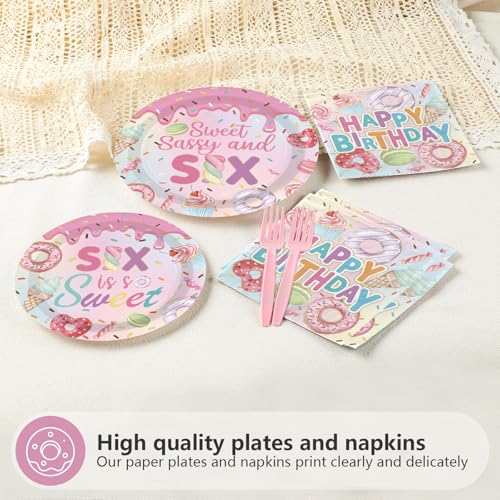 96 Pcs Donut 6th Birthday Party Plates and Napkins - Grencian