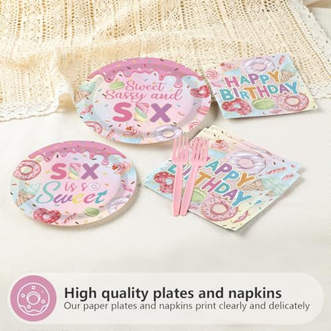96 Pcs Donut 6th Birthday Party Plates and Napkins - Grencian