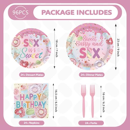 96 Pcs Donut 6th Birthday Party Plates and Napkins - Grencian