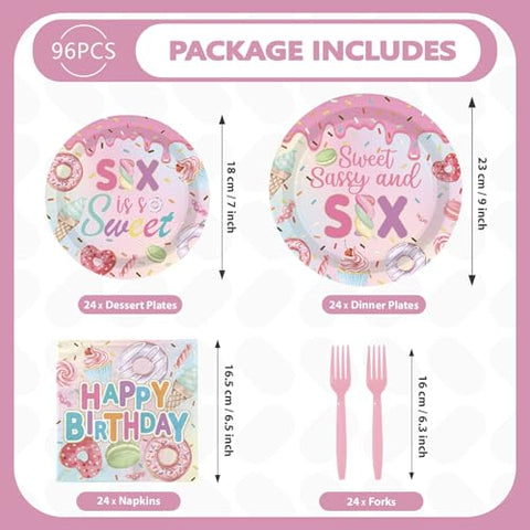 96 Pcs Donut 6th Birthday Party Plates and Napkins - Grencian