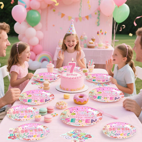 96 Pcs Donut 7th Birthday Party Plates and Napkins - Grencian