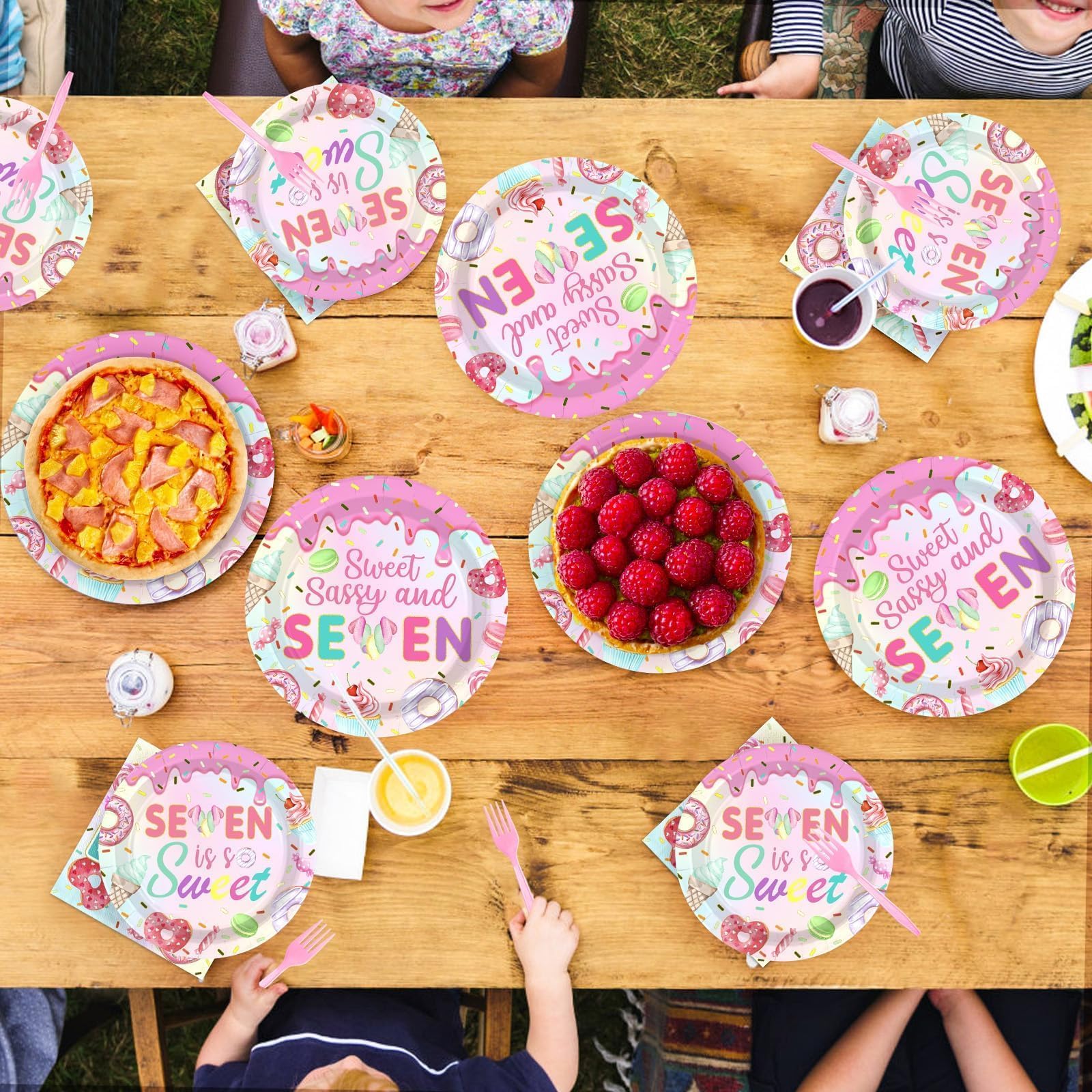 96 Pcs Donut 7th Birthday Party Plates and Napkins - Grencian