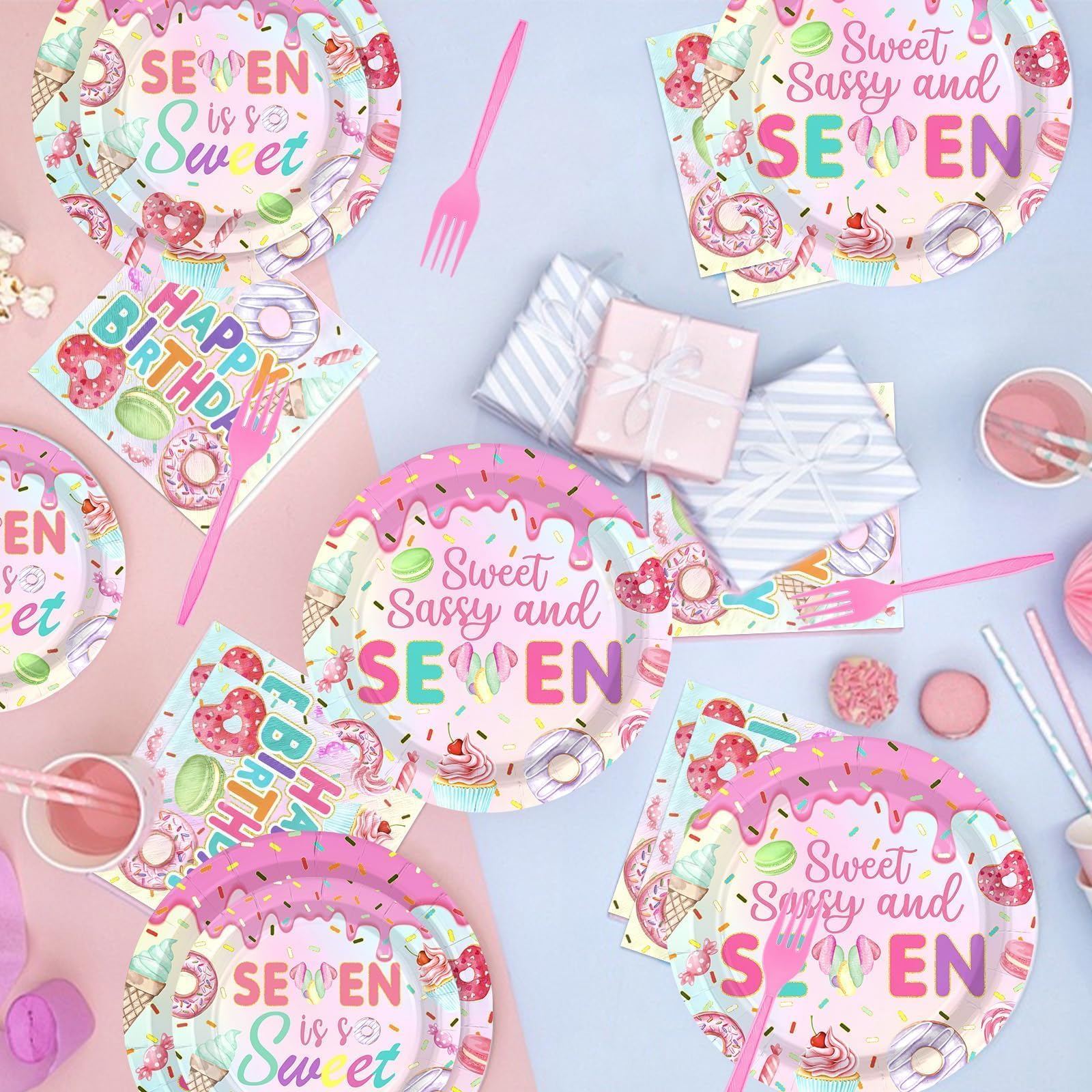 96 Pcs Donut 7th Birthday Party Plates and Napkins - Grencian