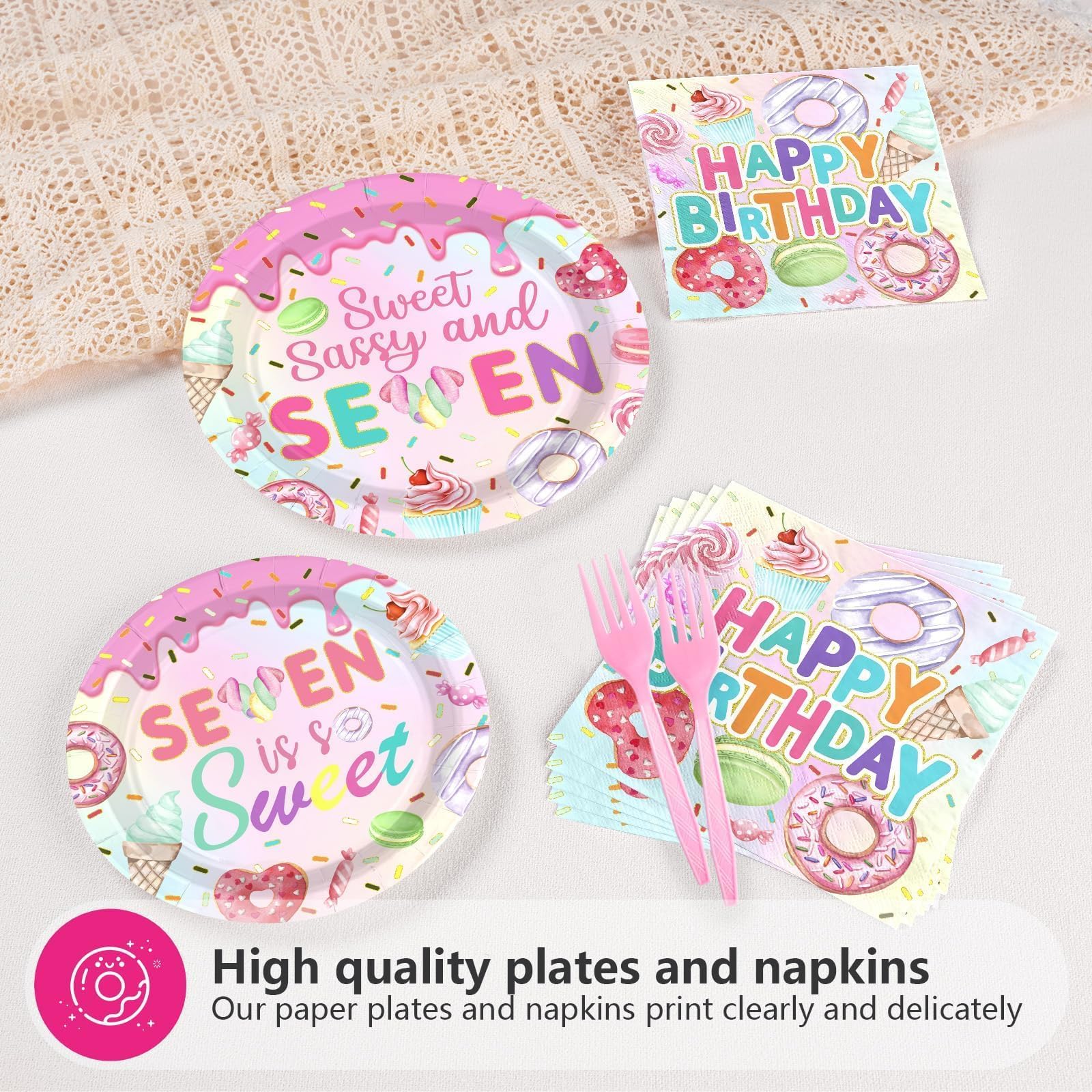 96 Pcs Donut 7th Birthday Party Plates and Napkins - Grencian