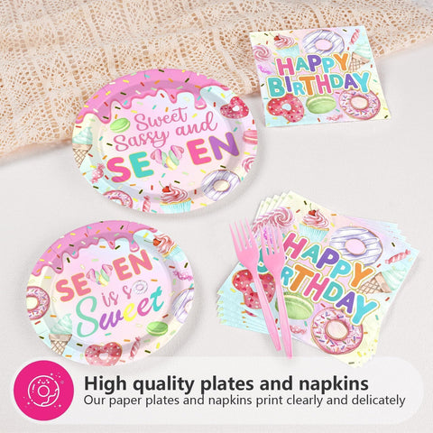 96 Pcs Donut 7th Birthday Party Plates and Napkins - Grencian