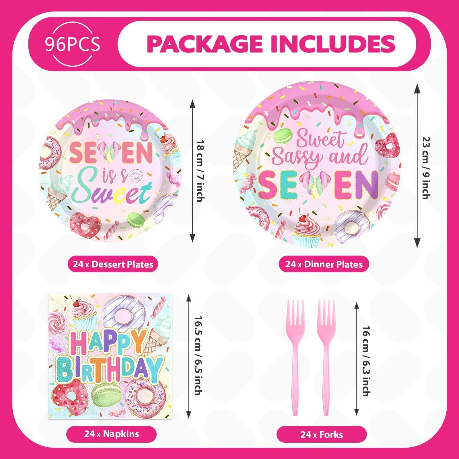 96 Pcs Donut 7th Birthday Party Plates and Napkins - Grencian