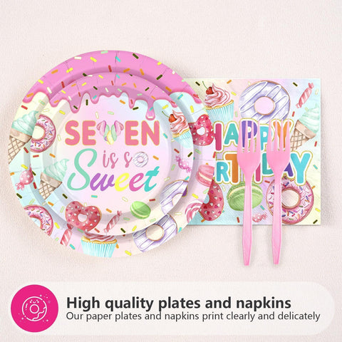 96 Pcs Donut 7th Birthday Party Plates and Napkins - Grencian