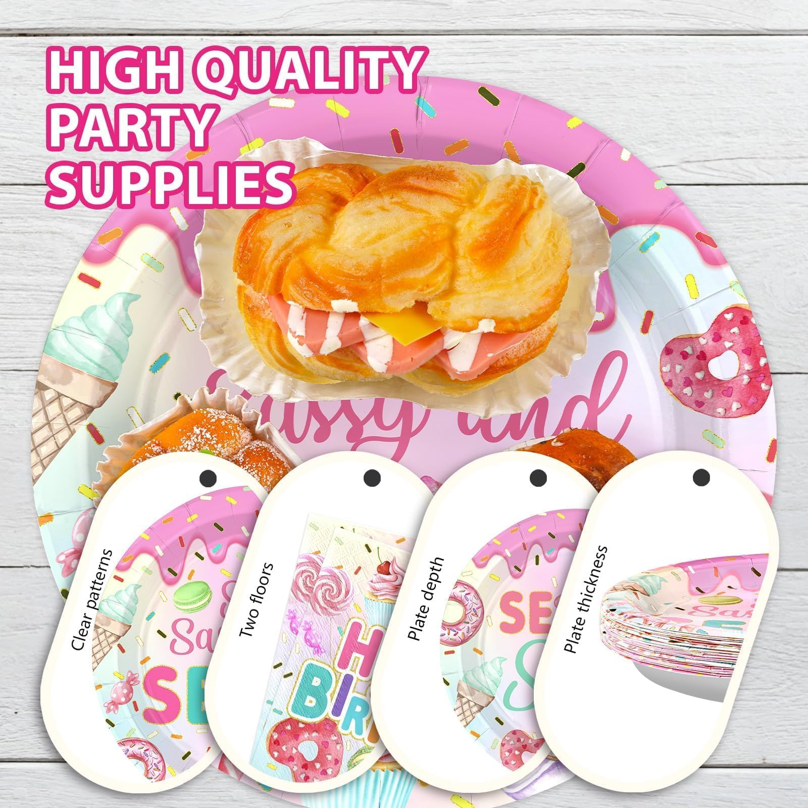 96 Pcs Donut 7th Birthday Party Plates and Napkins - Grencian