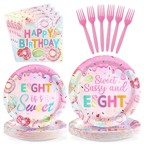 96 Pcs Donut 8th Birthday Party Plates and Napkins - Grencian