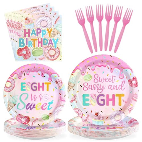 96 Pcs Donut 8th Birthday Party Plates and Napkins - Grencian