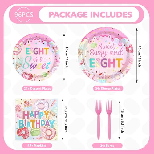 96 Pcs Donut 8th Birthday Party Plates and Napkins - Grencian
