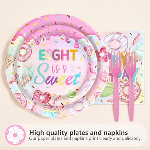 96 Pcs Donut 8th Birthday Party Plates and Napkins - Grencian
