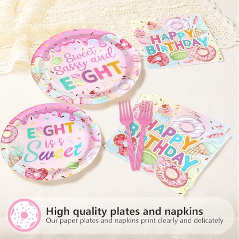 96 Pcs Donut 8th Birthday Party Plates and Napkins - Grencian