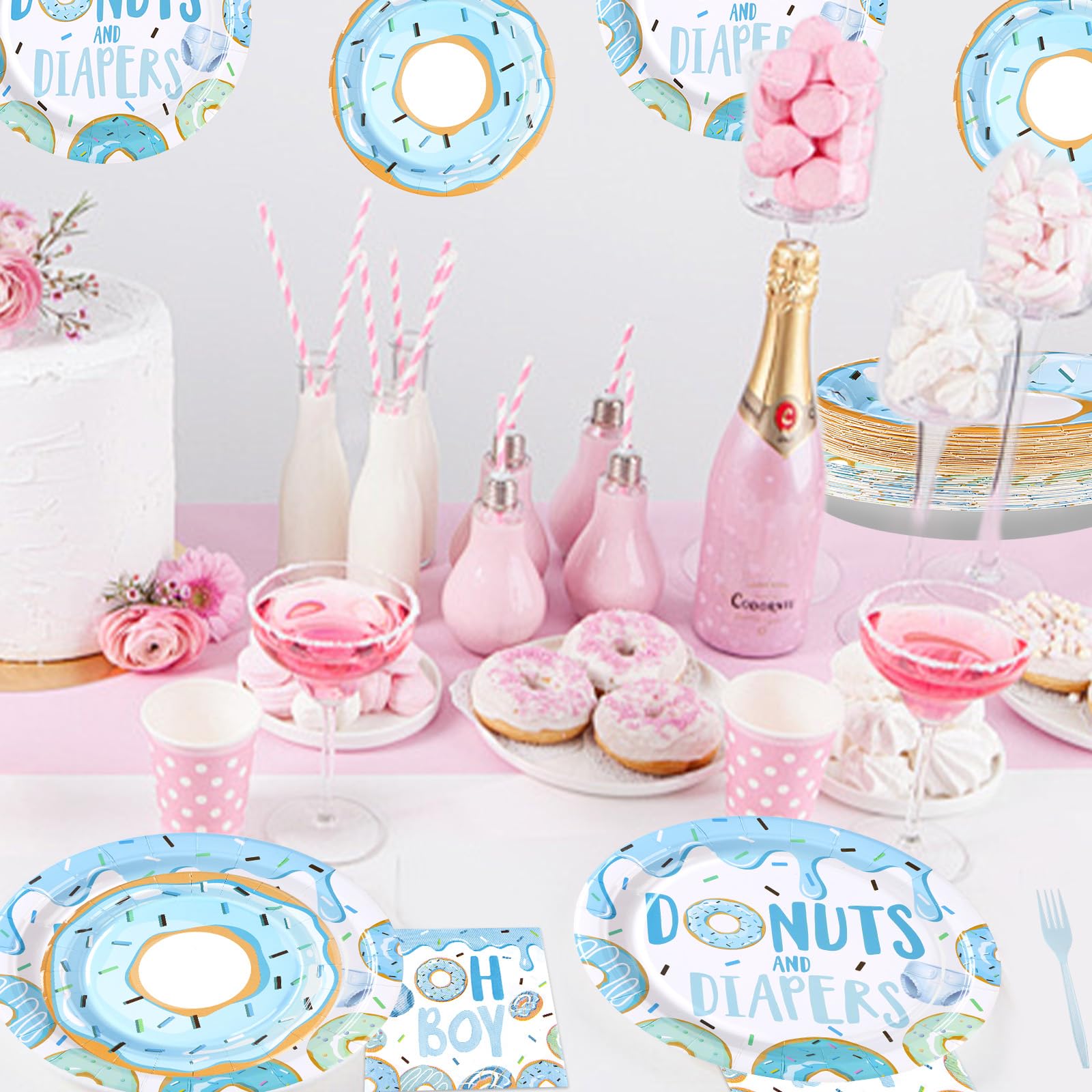 96 Pcs Donuts Baby Shower Party Plates and Napkins - Grencian