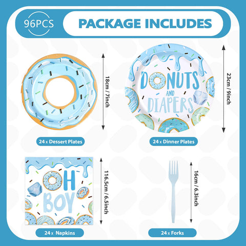 96 Pcs Donuts Baby Shower Party Plates and Napkins - Grencian