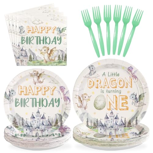 96 Pcs Dragon 1st Birthday Party Plates and Napkins - Grencian