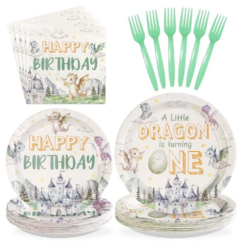 96 Pcs Dragon 1st Birthday Party Plates and Napkins - Grencian