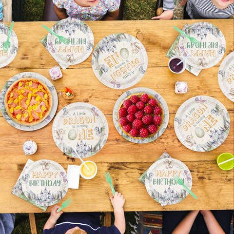 96 Pcs Dragon 1st Birthday Party Plates and Napkins - Grencian