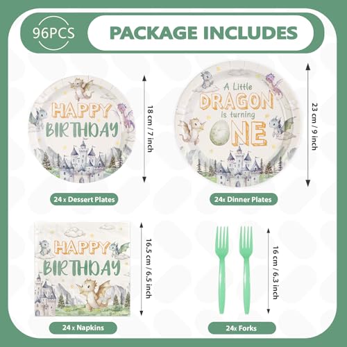 96 Pcs Dragon 1st Birthday Party Plates and Napkins - Grencian