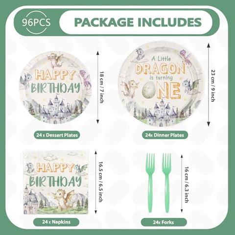 96 Pcs Dragon 1st Birthday Party Plates and Napkins - Grencian