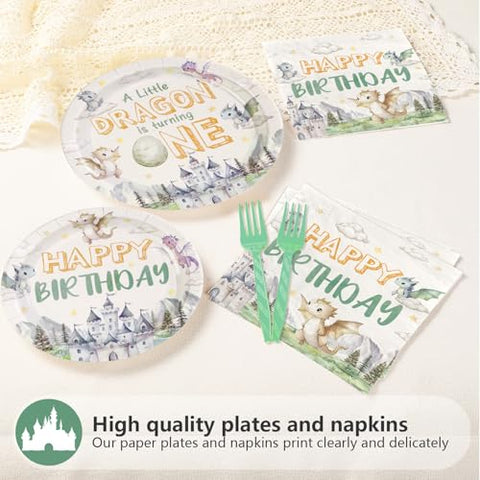 96 Pcs Dragon 1st Birthday Party Plates and Napkins - Grencian