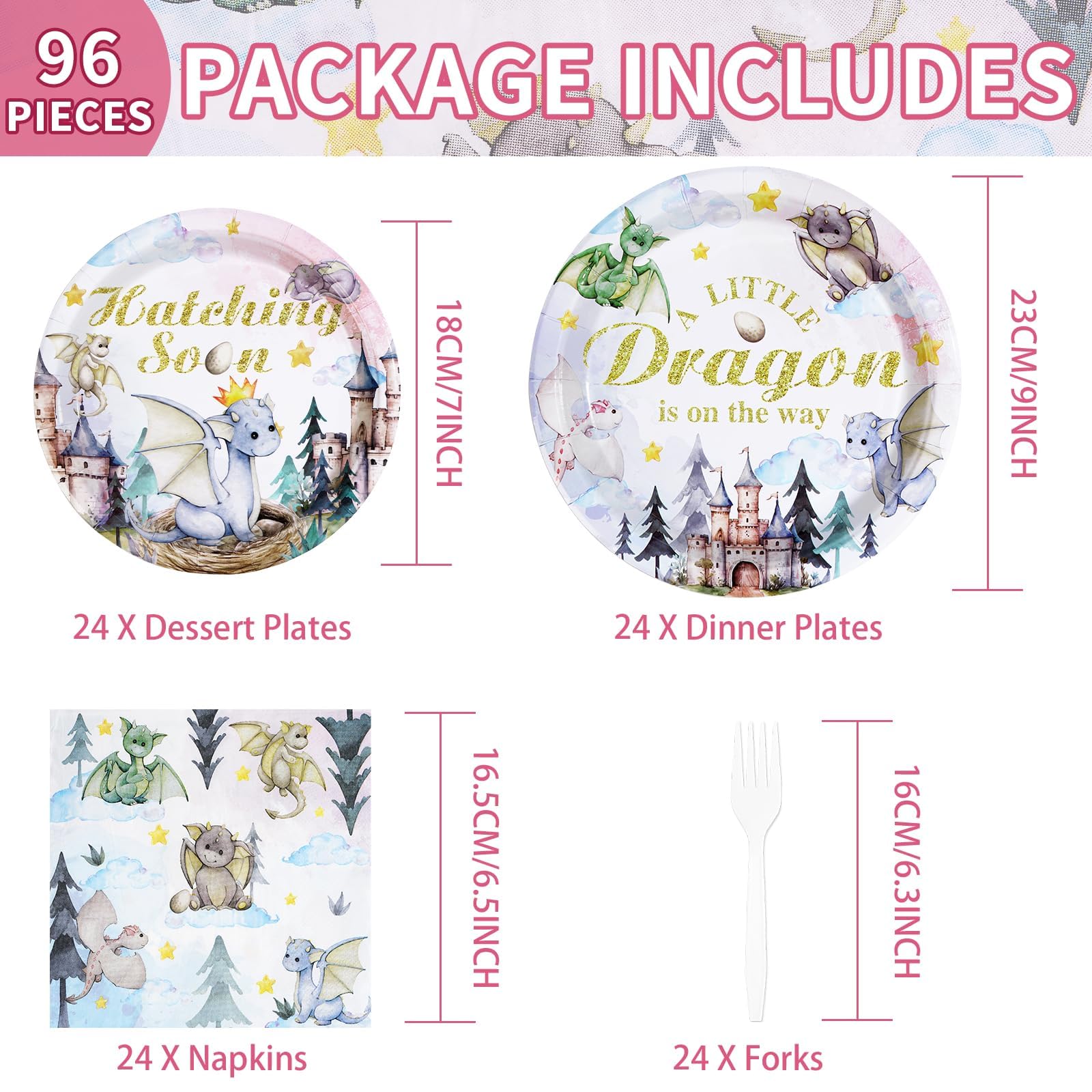 96 Pcs Dragon Baby Shower Party Plates and Napkins - Grencian