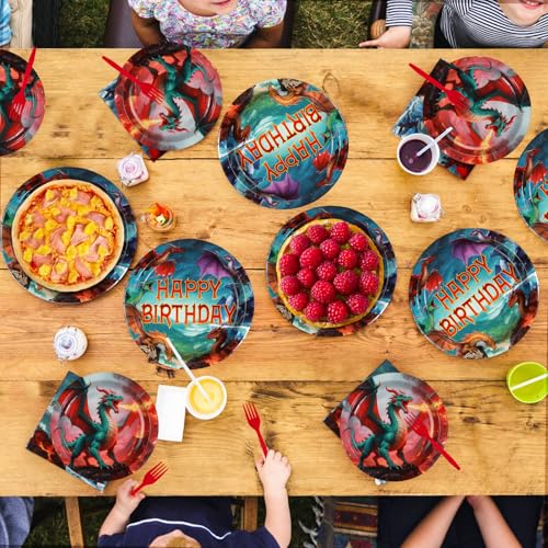 96 Pcs Dragon Birthday Party Plates and Napkins - Grencian