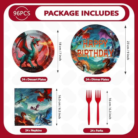 96 Pcs Dragon Birthday Party Plates and Napkins - Grencian