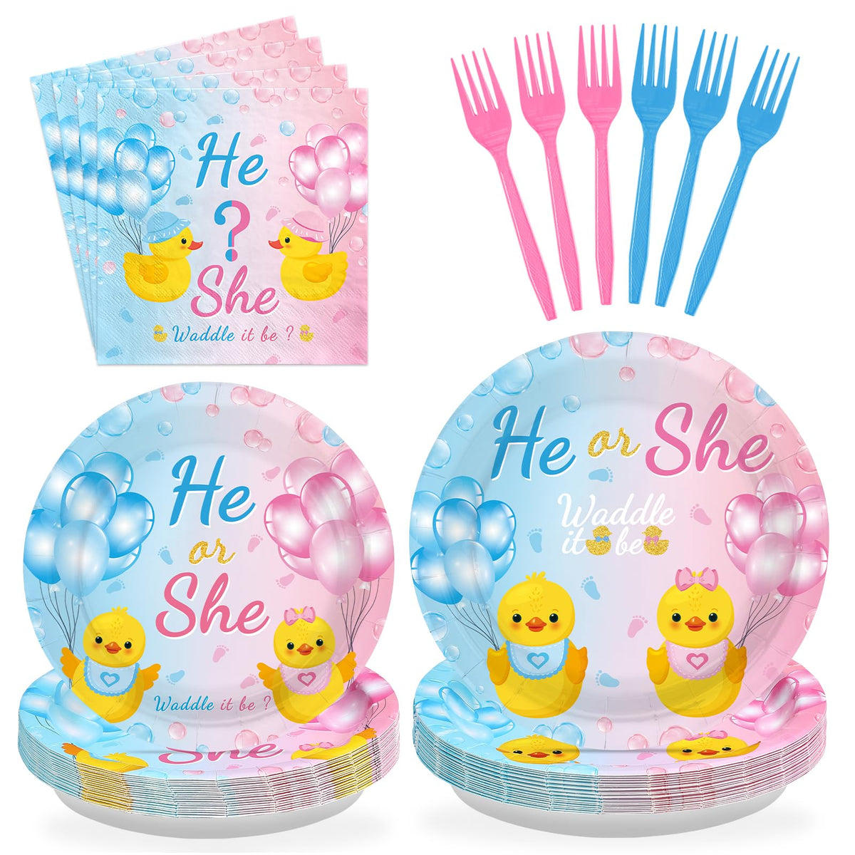 96 Pcs Duck Gender Reveal Party Plates and Napkins - Grencian