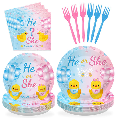 96 Pcs Duck Gender Reveal Party Plates and Napkins - Grencian